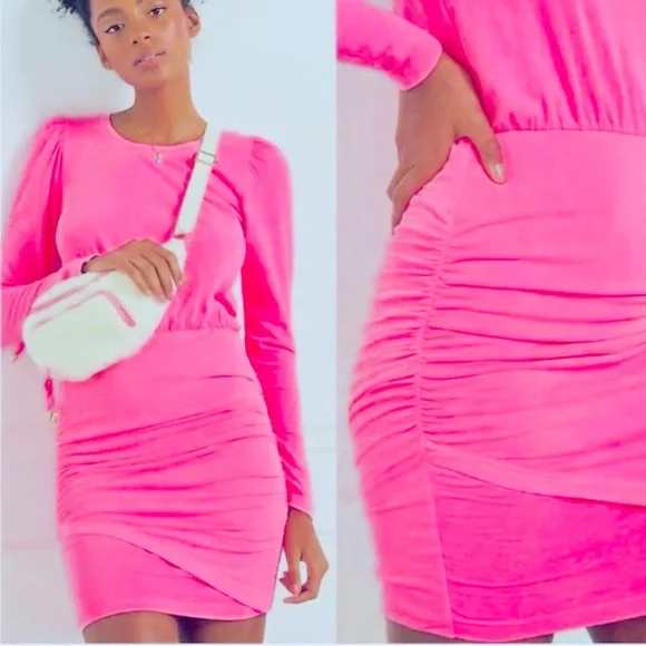 Sundry by Anthropology Barbiecore Neon Pink Ruched Cotton Dress Small - Picture 1 of 7